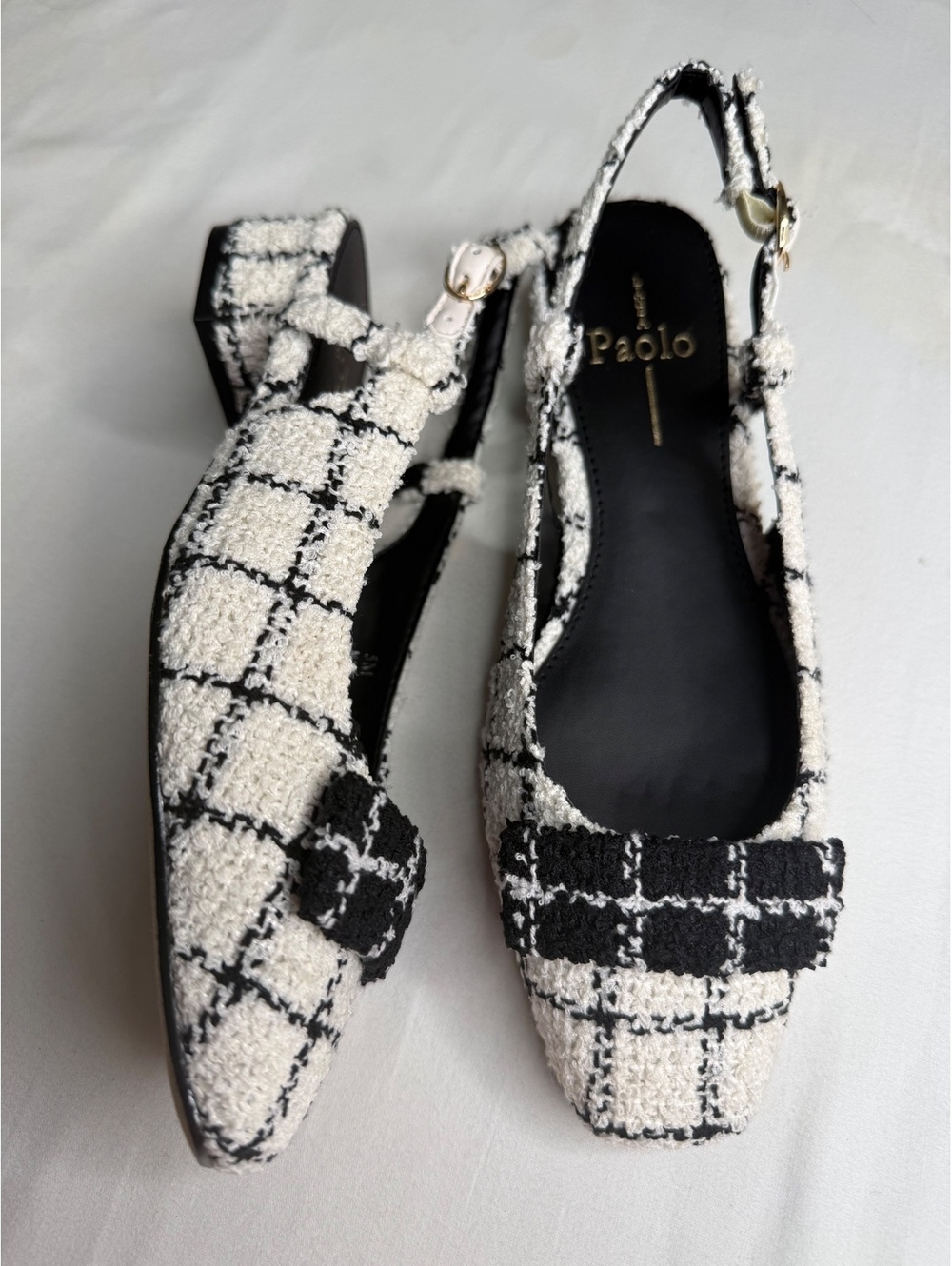 NIB Paolo Women's Black & White Tweed Slingback Low Block Heels Square Toe